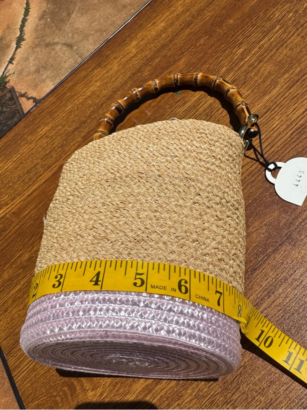 Caterina Bertini Italy Raffia Bamboo Handle Mini Bucket Bag Pink Straw Purse - Picture 6 of 12